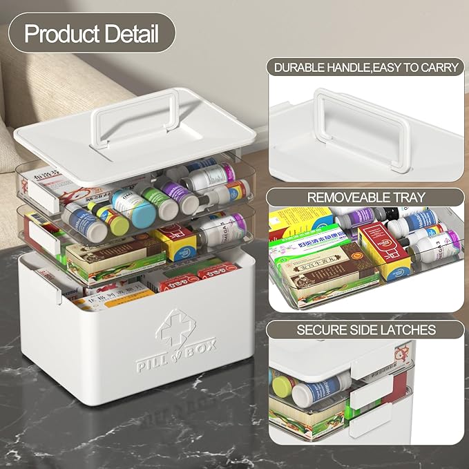 Xyskin 3 Tier Medicine Organizer, Multipurpose Medical Box with Removable Tray, Empty First Aid Kit for Home(White)