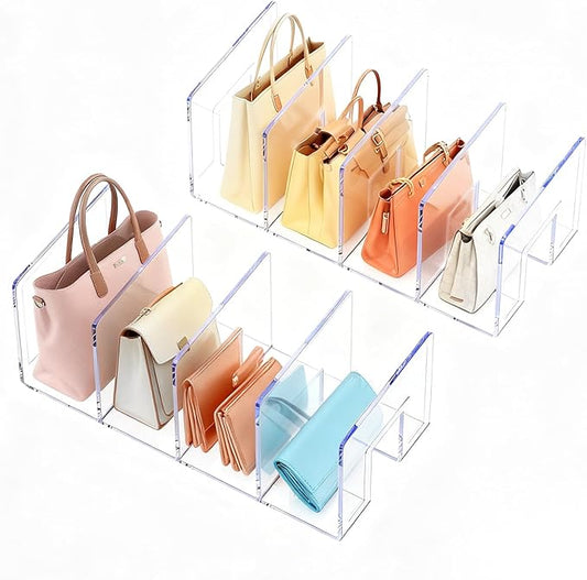 LUGUNU Clear Acrylic Purse Organizer - 4-Section Divider for Handbag Closet Storage - Durable Rack for Purses, Clutches More (Set of 2)