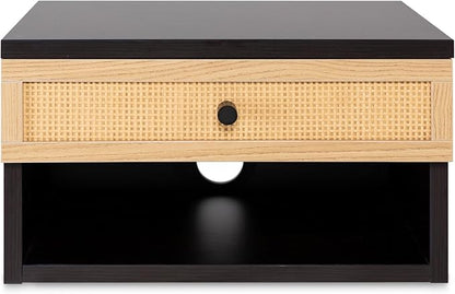 JONATHAN Y NST2000A Celerie 15.71" Mid-Century Modern Floating Wall Mounted Nightstand with Soft-Close Rattan Drawer and Cable Hole, Black/Light Oak