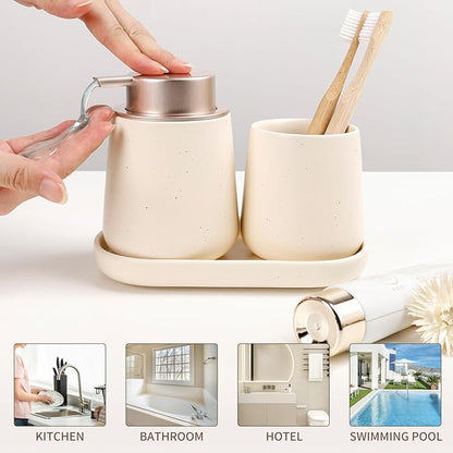 BosilunLife Bathroom Accessory Set - 3 pcs Ceramic Bathroom Soap Dispenser Set Farmhouse Bathroom Counter Decor Set Accessories, Soap Dispenser and Toothbrush Holder with Tray