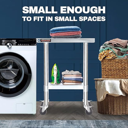 DuraSteel 24x12 NSF Stainless Steel Cart Work Table - Heavy Duty Rolling Food Prep Table - Metal Utility Cart on Wheels Caster, Grill Stand Microwave Outdoor Kitchen Tables Countertop Island Top Vevor