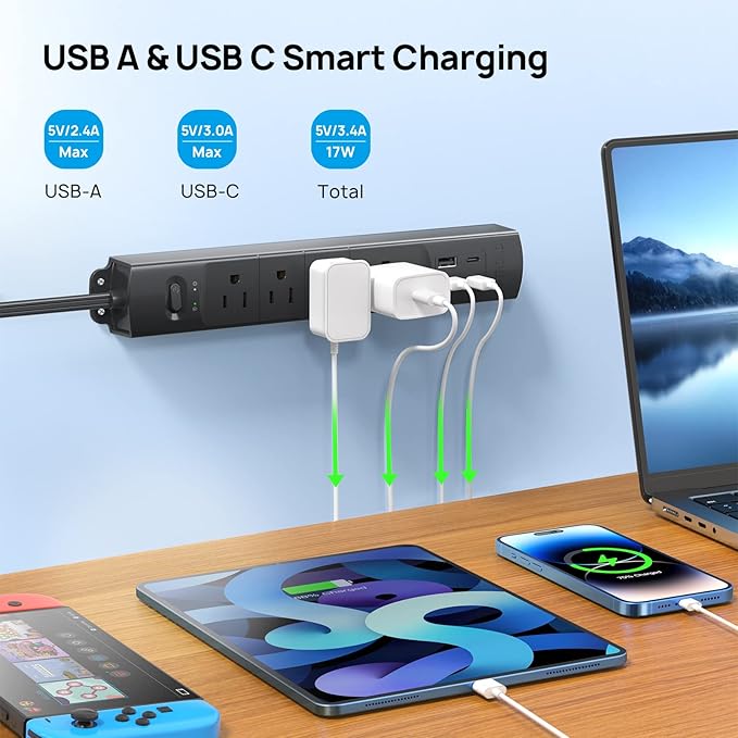 TROND Flat Plug Power Strip USB-10ft Flat Extension Cord Surge Protector Wall Mount, 2 USB C & 2 USB A Ports with Multiple Outlets, 1440J, 1625W for Office Supplies Dorm Room Essentials, Black
