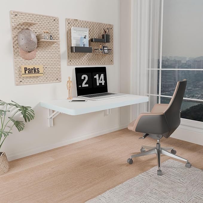 IAE Wall Mounted Folding Table with Pine Wood,24" x 14" Floating Wall Desk,Laundry Folding Table with Shelf Bracket,Fold Down Desk Shelf,Folding Workbench for Home,Dining, Laundry Room,Kitchen,White