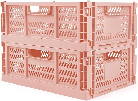 Domiella 2-Pack Crates for Storage, Storage Crates Plastic Stackable, Foldable Crate for Office Home Kitchen Bedroom Bathroom (Large, Pink)