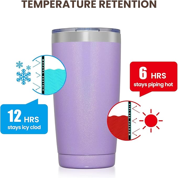 MEWAY 20oz Tumbler 2 Pack Double Wall Vacuum Insulated Travel Glitter Mug Bulk, Stainless Steel Tumblers with Lid and Straw, Powder Coated Coffee Cups for Woman(Rainbow Purple,Set of 2)