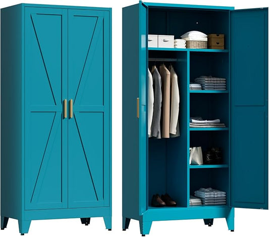 71" Tall Metal Wardrobe Closet with Adjustable Shelves and Hanging Rod, 2 Doors Office Storage Locker Cabinet for Home, Office, Bedroom, Laundry Room, Blue