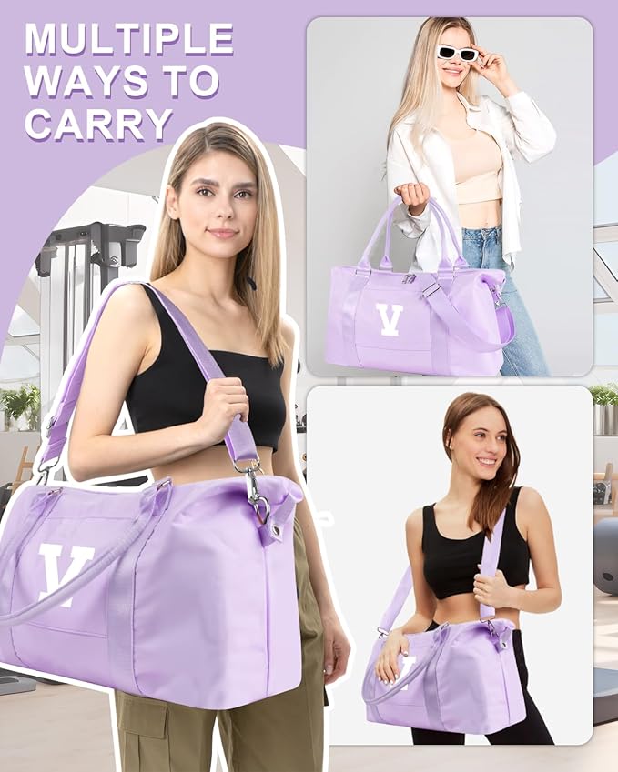 Daughter Niece Gifts for Teen Girl Kids, Initial Travel Duffel Bag Sports Gym Bag Personalized Gifts Weekender Bag，Monogram Overnight Bag Cute Dance Bag Birthday Bridesmaid Gifts for Women(Purple, V)