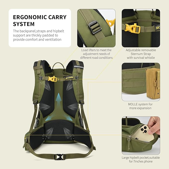 SKYSPER Hiking Backpack for Men Women, 35L Travel Backpack Waterproof Camping Backpack Outdoor Lightweight Daypack