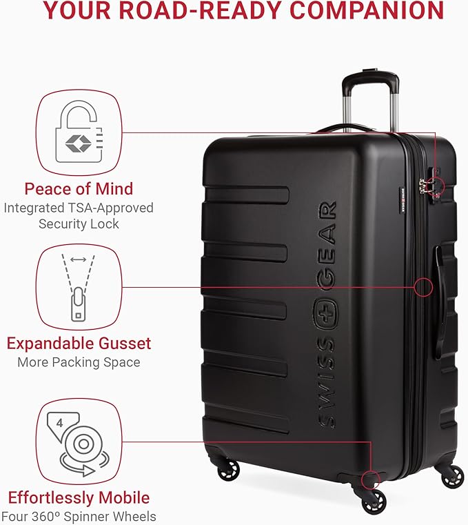 SwissGear 7366 Hardside Expandable Luggage with Spinner Wheels, Black, Checked-Large 27-Inch
