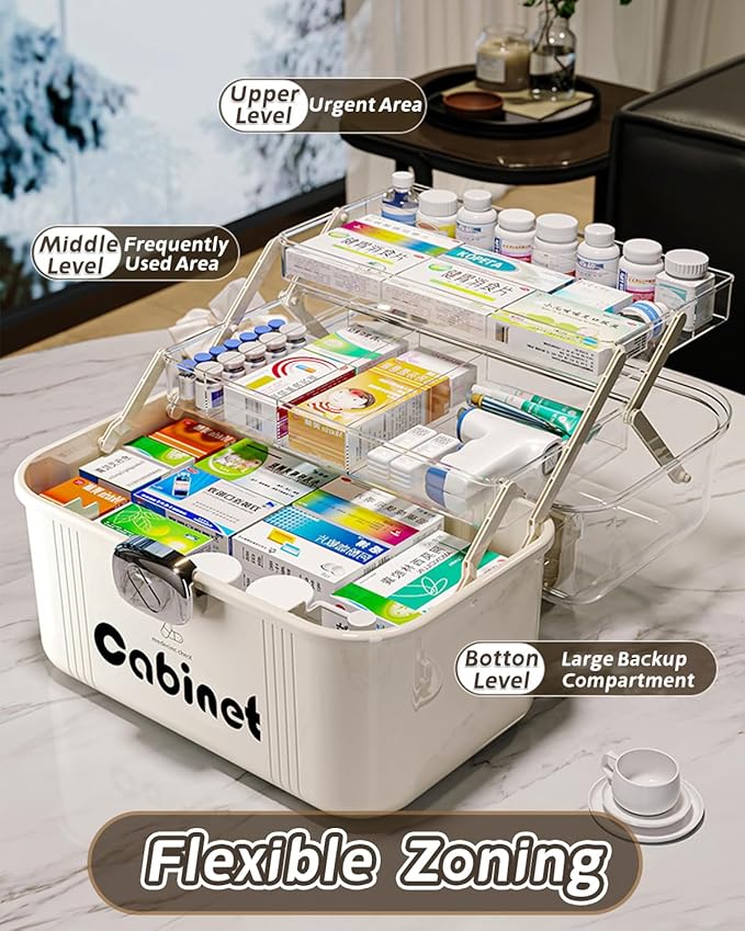 3-Tier Folding Medicine Cabinet Organizer with Handle, Clear Portable Medicine Storage Box for Home, Multifunctional First Aid Caddy with Secure Latches, Large Capacity Medical Supply Organizer