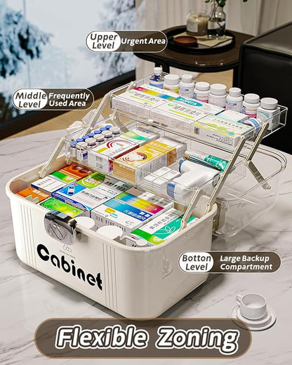 3-Tier Folding Medicine Cabinet Organizer with Handle, Clear Portable Medicine Storage Box for Home, Multifunctional First Aid Caddy with Secure Latches, Large Capacity Medical Supply Organizer