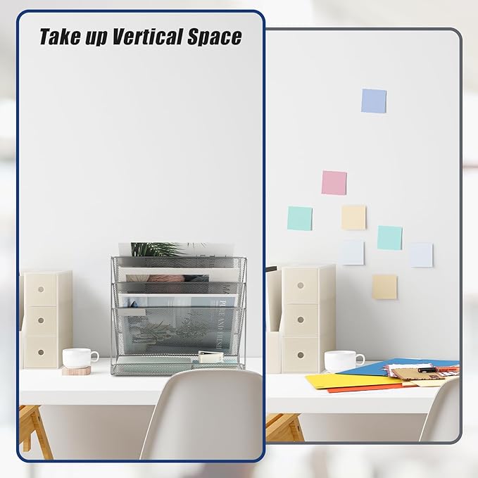 EASEPRES Desk File Organizer Mesh 4-Tier, Hanging Wall Mount Document Organization Stand, Desktop Vertical Mail Paper Folder Holder Rack with Bottom Tray for Office Home Cubicle Countertop, Silver