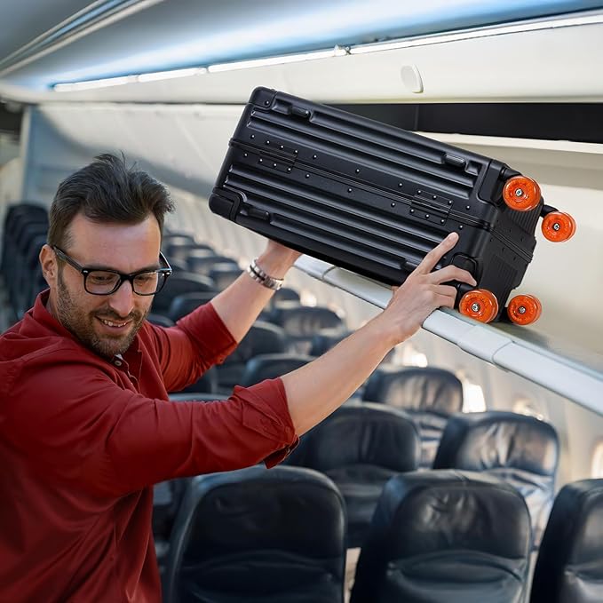 Aluminium Frame Checked-Luggage with Smooth Jelly Wheels, Hardside Zipperless Rolling Suitcase with TSA Lock (BlackOrange, 24-Inch)