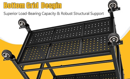 300LBS Heavy Duty Service Utility Cart on Wheels, Metal Rolling Utility Cart with Fences, 2-Tier Service Carts for Garage Garden Warehouse Tool House, Black, 360° Swivel, Ergonomic Handle, Sturdy