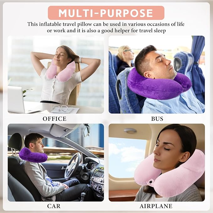 Sintuff 2 Pack Inflatable Travel Pillow for Airplanes Inflatable Neck Flight Pillows with Compact Bag and Blindfold for Traveling, Airplane, Train, Car, Office(Light Pink and Violet)