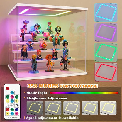 NONEMEY Clear Acrylic Display Case with Light ,3 Tier Multiple Color Lights via Remote Control Dustproof Display Box for Collectibles Figures Mini Toys (White 3Tier 12.4*7*9inch)