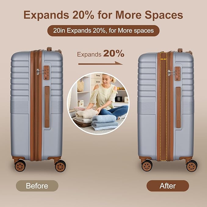 Romswi Expandable 22" Carry On Luggage,Hardshell Suitcase with Double Spinner Wheels for 20% More Space, Airline Approved Lightweight Hardside Luggage, Scratch-Resistant & YKK Zipper,Silver