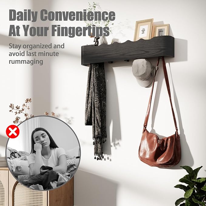 Coat Rack Wall Mount with Shelf 4 Hidden Hooks Modern Wooden Key Holder Entryway Organizer for Hallway Bedroom Bathroom Home Decor Storage for Hanging Coats Hats Bags Towels, Wave-Shape Black