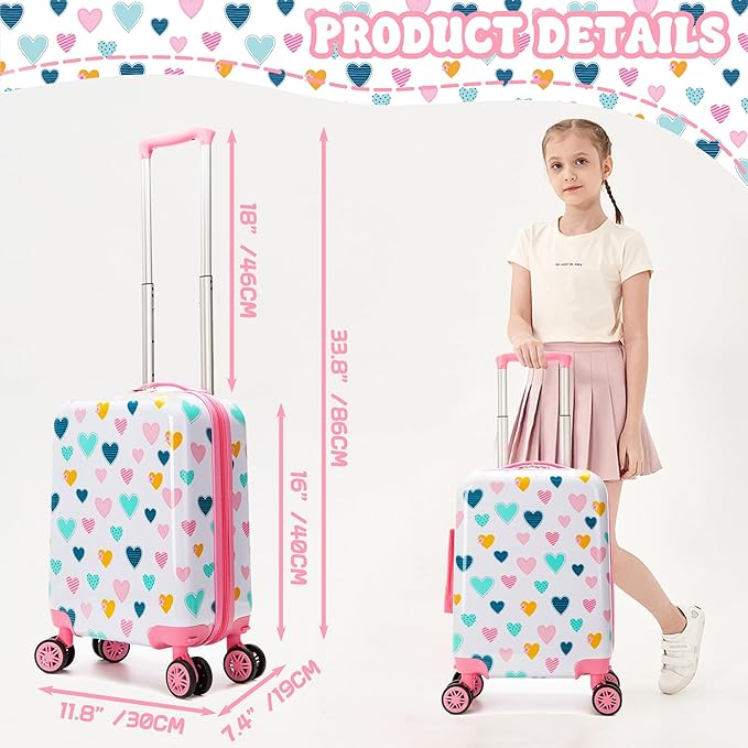 Kid’s Luggage Set 5 Piece Suitcase Set 16’’ Hardside Luggage with Spinner Wheels Girls Carry on Toddler Travel Rolling Suitcase Carry on Luggage Airline Approved