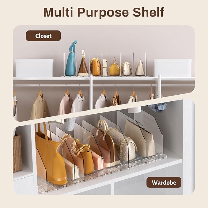 Purse Organizer for Closet, Adjustable Clear Handbag Storage Holder, Acrylic Purse Organizer for Closet Organization, Shelf Divider, Perfect for Bedroom, Living Room, Home