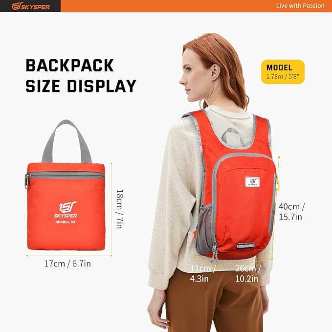 SKYSPER Small Daypack 10L Hiking Backpack Packable Lightweight Travel Day Pack for Women Men