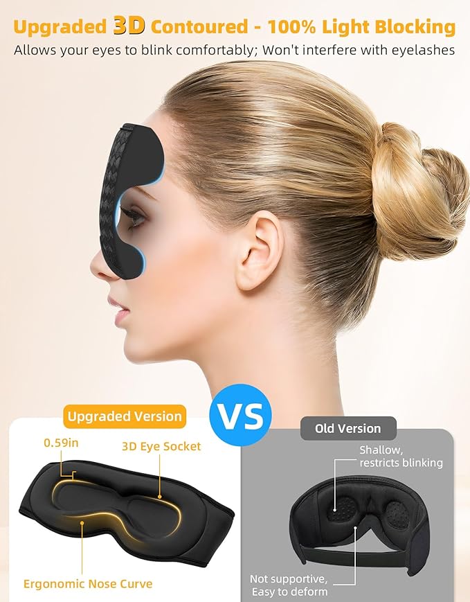 3D Contoured Sleep Mask with Bluetooth Headphones, Adjustable Blackout Sleeping Mask, Easy Installation Sleeping Headphones with Ultra-Thin Stereo Speakers for Men, Women - Black
