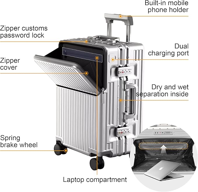 Hard Shell Luggage 24 Inch Travel Luggage, Carry-On Luggage Spinner TSA with Lid, PC+ABS Aluminum Frame，Lightweight Travel Luggage 20'' 24'' 26''Carry-On (upgraded silver, 24 inch)