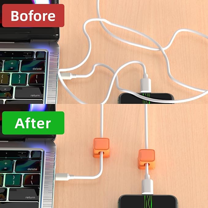 8 Pack Magnetic Cord Organizer, Easy Secure Adhesive Cable Management, Wire Holder Keeper, Hide Or Organize Phone USB Charger Cable, Orange