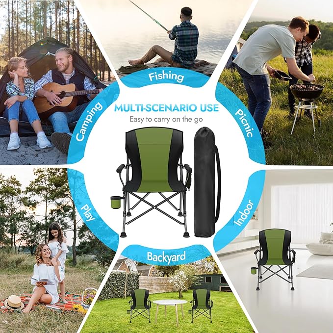 2 Pack Oversized Folding Camping Chair for Adults, Supports 450 LBS Camping Chairs, Heavy Duty Camping Chair with Side Pockets, Foldable Outdoor Chair for Camping, Beach, Fishing, Hiking, Green-Black