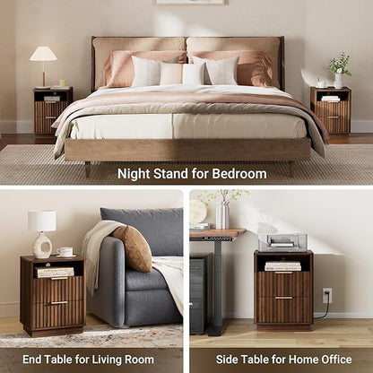 Fluted Night Stand Set of 2 with Charging Station, 18 inch Mid-Century Modern Nightstand, 2 Drawers End Table with Storage, Bedside Table for Bedroom Home Office, Curved Profile, Walnut