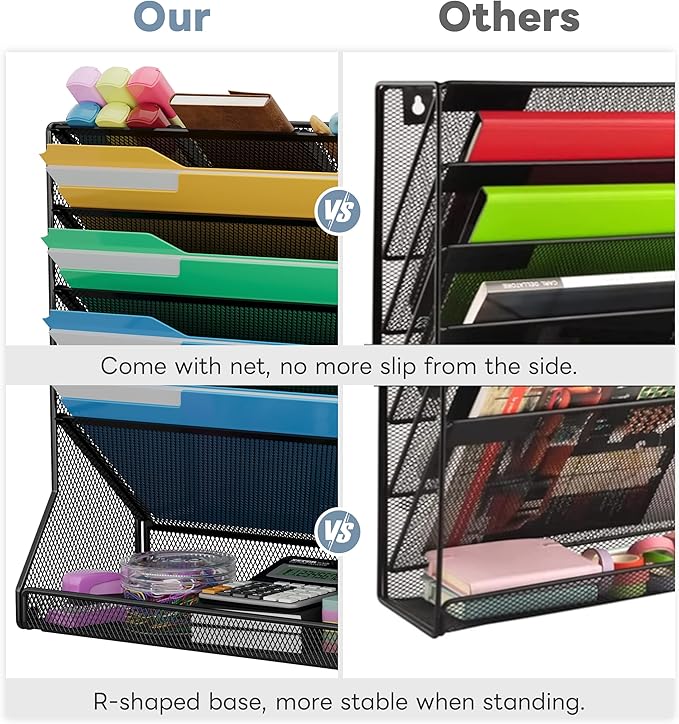 File Organizer Wall Mounted 5 Tiers, Durable Adjustable Metal Vertical Hanging, Stable R-Shaped Bottom 4 Pull-Out Deviders to Sort File,Mail,Newspaper,Pen, Suitable for Office,Black