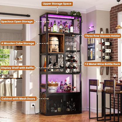 82.6" Tall Bar Cabinet with Power Outlets, 6-Tiers Reversible Wine Cabinet with LED Lights, Glass Holder & Wine Rack, Liquor Storage Cabinet Coffee Bar Station for Dining Living Room, Rustic Brown