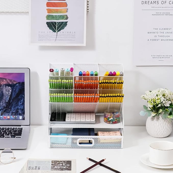 Marbrasse Mesh Desk Organizer - Multi-Functional Pen Holder with Drawer, Desktop Stationary Storage Rack for School, Home, Office, Art Supplies (White Mesh)