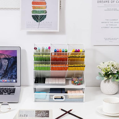 Marbrasse Mesh Desk Organizer - Multi-Functional Pen Holder with Drawer, Desktop Stationary Storage Rack for School, Home, Office, Art Supplies (White Mesh)