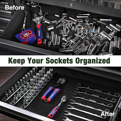 WORKPRO Magnetic Socket Organizer, 1/4-Inch Drive Aluminum Alloy Socket Rail, Heavy Duty Socket Holder, Socket Rack Kit 1/4-Inch x 12 Clips Green (Socket not Included)