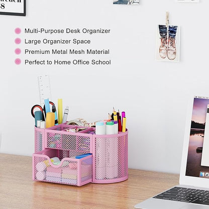EasyPAG Mesh Pen Holder Desk Organizer with Drawer Stationery Supplies Organizer for Dorm School 9 Compartments Workspace Desk Accessories Organization for Office, Light Pink