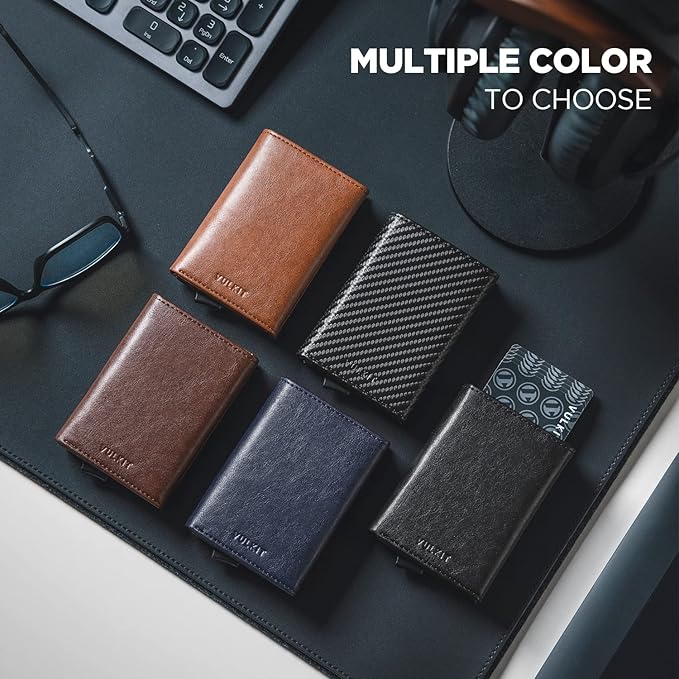 VULKIT Pop up Card Wallet Minimalist Cash Wallets RFID Blocking Leather Smart Credit Card Holder with ID window for Men(Carbon Black)