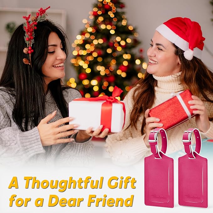 Travelambo Luggage Tags for Suitcases Faux Leather Privacy Protection 2 Pack Bag Tags Travel Accessories Essential, Rose Red