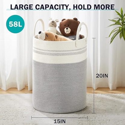 YOUDENOVA Woven Rope Laundry Hamper Basket, 58L Tall Luandry Basket, Baby Nursery Hamper for Blanket Storage, Clothes Hamper for Laundry in Bedroom-Grey