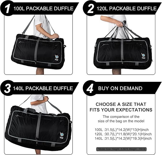 Bago Large Foldable Duffel Bags for Traveling Women & Men - 120L Packable Duffle Bag for Travel with Shoe Compartment - Water Repellant, Heavy Duty, Lightweight Folding & Collapsible (SnowDepPurple)