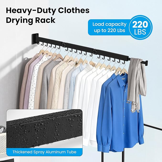 Clothes Drying Rack Wall Mounted, Retractable Collapsible(Tri-Fold) Space Saver, Black with 18 Hooks for Laundry Room Organization Apartment Balcony Bathroom