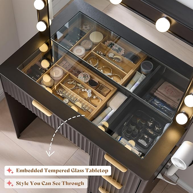 AMERLIFE 36.2" Fluted Vanity Desk with Large Mirror and Adjustable LED Lights, 4 Drawers Makeup Table with Glass Top and Charging Station for Women and Girls, Bedroom or Dorm, Black