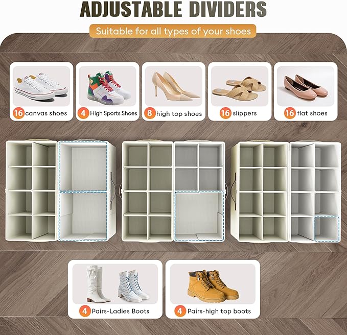 Budding Joy 2 Pack Shoe Organizer for Closet, Clear Foldable Shoe Storage Containers Adjustable Dividers Fits 16 Pairs,Shoe Storage Bins Baskets Boxes with Reinforced Handles Beige Yellow Beige