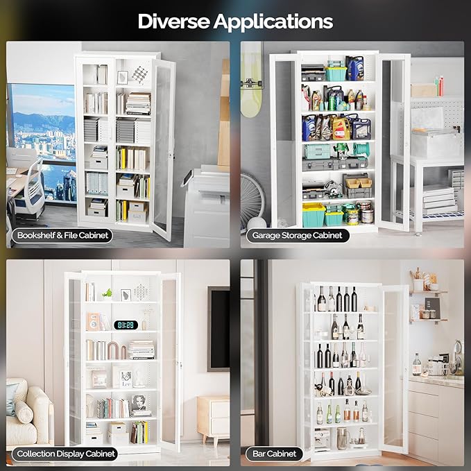 VINGLI Lockable Display Cabinet with Glass Doors & 5 Adjustable Shelves, 71" Tall White Metal Storage Cabinet Curio Liquor, Bookshelf Bookcase for Home Office Living Room Pantry Garage