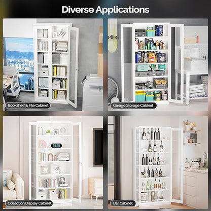 VINGLI Lockable Display Cabinet with Glass Doors & 5 Adjustable Shelves, 71" Tall White Metal Storage Cabinet Curio Liquor, Bookshelf Bookcase for Home Office Living Room Pantry Garage