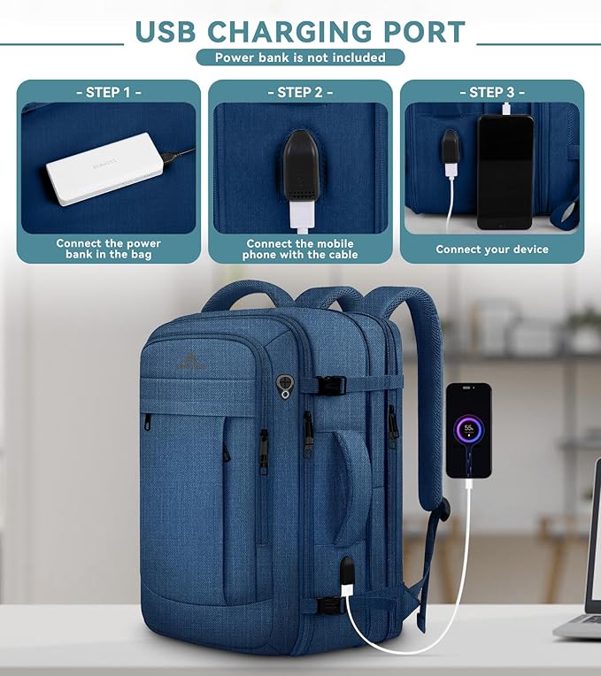 60L Big Capacity Carry On Laptop Backpack Large Travel Backpack for Men, Expandable Water Resistant Overnight Weekender Luggage Gym Daypack Rucksack Traveling Backpack, Traveler Gifts, Blue