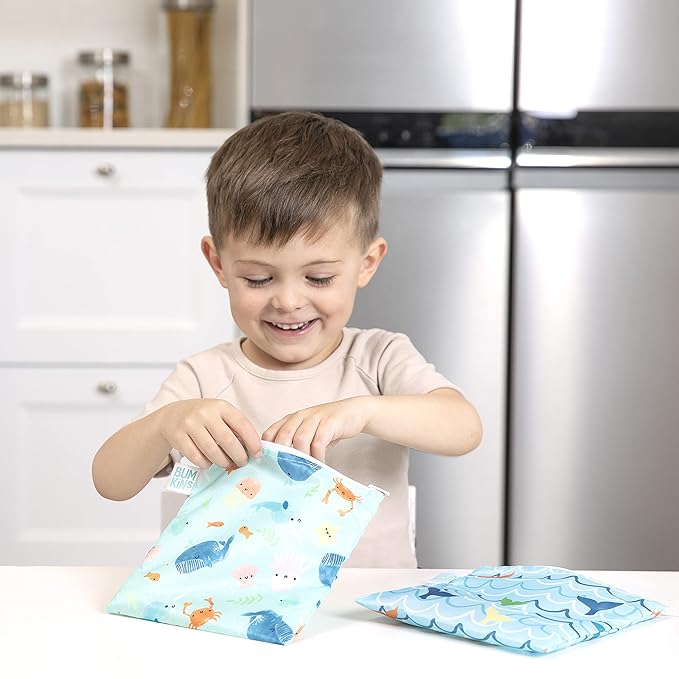 Bumkins Reusable Sandwich and Snack Bags, for Kids School Lunch and for Adults Portion, Washable Fabric, Waterproof Cloth Zip Bag, Travel Pouch, Food-Safe Storage, Large 2-pk Blue Ocean Life