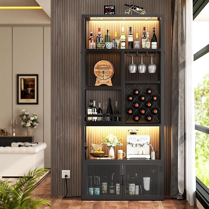 82.6" Tall Bar Cabinet with Power Outlets, 6-Tiers Reversible Wine Cabinet with LED Lights, Glass Holder & Wine Rack, Liquor Storage Cabinet Coffee Bar Unit Station for Dining Living Room, Black