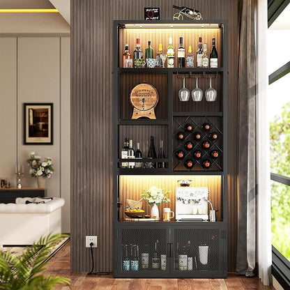 82.6" Tall Bar Cabinet with Power Outlets, 6-Tiers Reversible Wine Cabinet with LED Lights, Glass Holder & Wine Rack, Liquor Storage Cabinet Coffee Bar Unit Station for Dining Living Room, Black