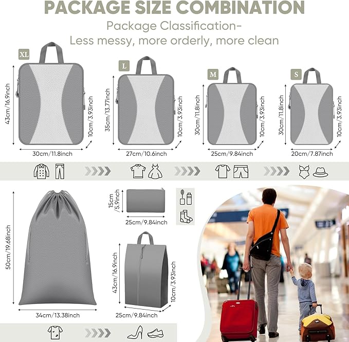 8 Set Compression Packing Cubes for Travel, Packing Cubes Compression Travel Accessories Expandable Packing Organizers for Carry on Luggage Suitcase (Gray)